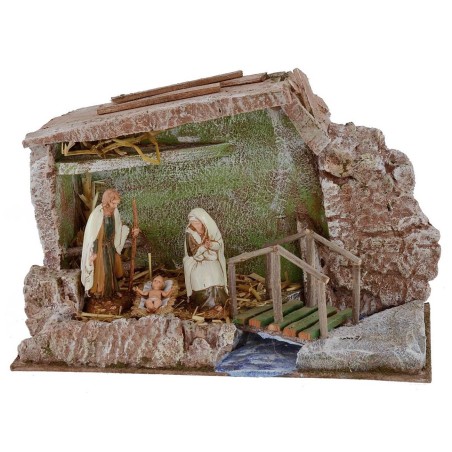 Capanna completa di Natività Landi 10 cm con ponte e ruscello