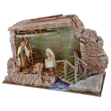 Complete hut of Landi Nativity 10 cm with bridge and stream