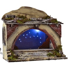 Cabaña iluminada con escaleras y cielo estrellado titilante cm