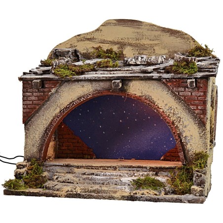 Cabaña iluminada con escaleras y cielo estrellado titilante cm