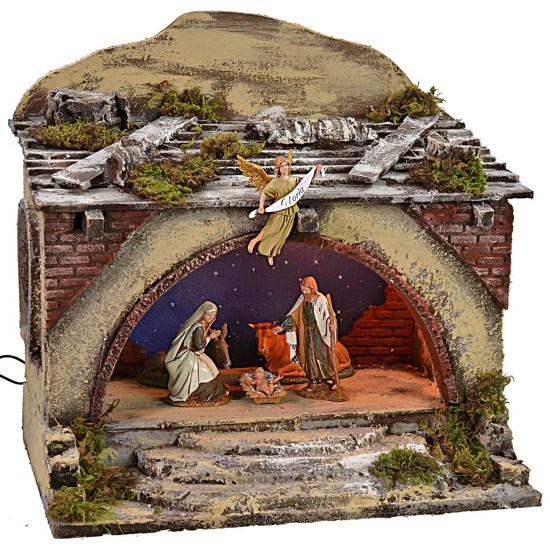 Illuminated hut with stairs and flickering starry sky