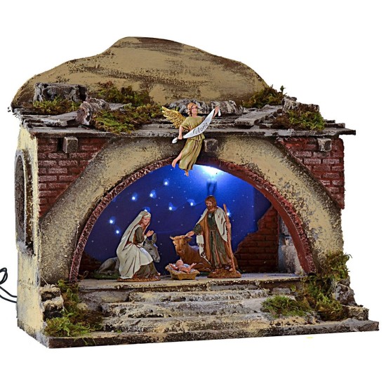 Cabaña iluminada con escaleras y cielo estrellado centelleante cm