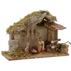 Cabaña para belén con Natividad y fuego cm 35x15x23,5 h