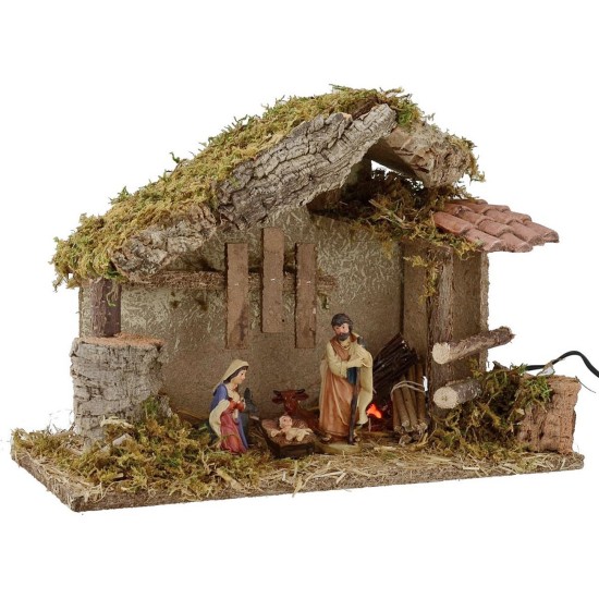Cabaña para belén con Natividad y fuego cm 35x15x23,5 h