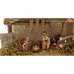 Capanna per presepe con Natività e fuoco cm 35x15x23,5 h Mondo 2
