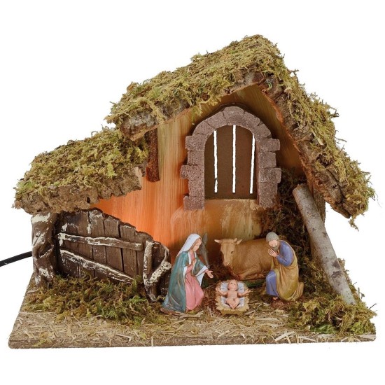 Illuminated nativity scene hut with Landi Nativity cm 32x18x24 h