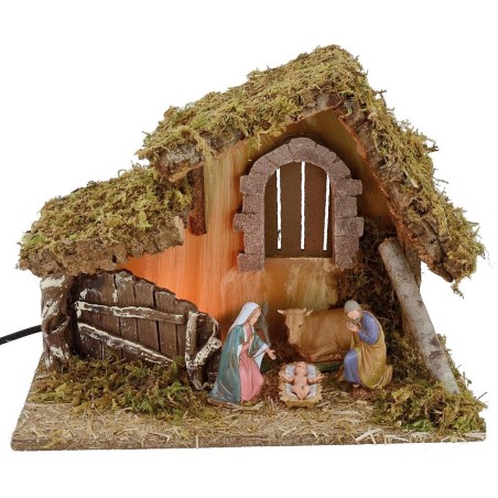 Cabaña para belén iluminada con Natividad Landi cm 32x18x24 h
