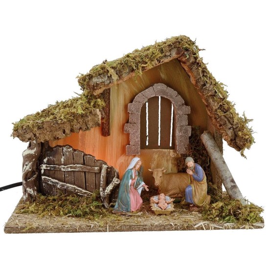 Cabaña para belén iluminada con Natividad Landi cm 32x18x24 h