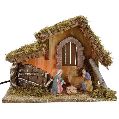 Cabaña para belén iluminada con Natividad Landi cm 32x18x24 h