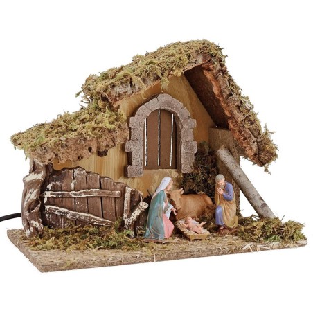 Cabaña para belén iluminada con Natividad Landi cm 32x18x24 h