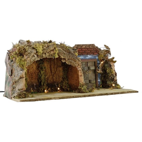 Grotto with illuminated door cm 49x25x20 h for Nativity 10-12 cm
