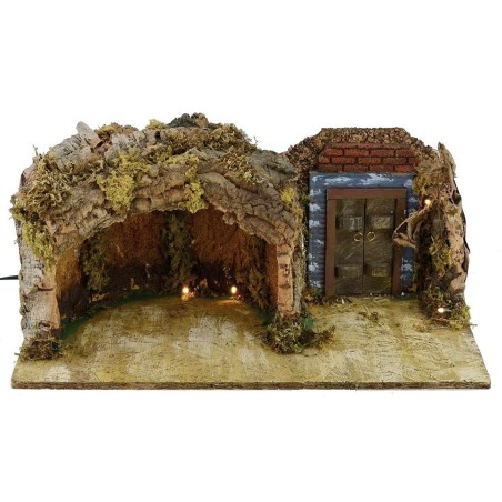 Grotto with illuminated door cm 49x25x20 h for Nativity 10-12 cm