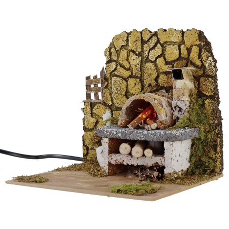 Horno de leña con lámpara de efecto fuego funcionando para