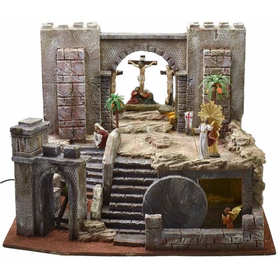 Pesebre Pascual iluminado de 54X50X41,5 cm de altura completo con estatuas.