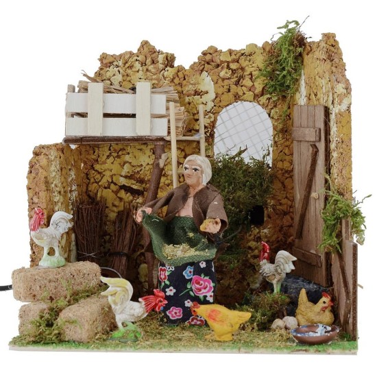 Campesina que alimenta a las gallinas en movimiento 10 cm