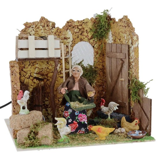 Campesina que alimenta a las gallinas en movimiento 10 cm