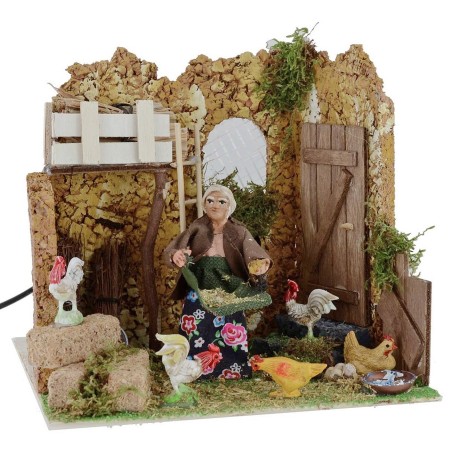 Campesina que alimenta a las gallinas en movimiento 10 cm