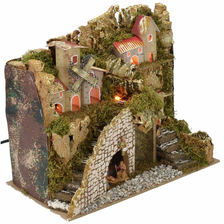 Illuminated nativity scene with village and landscape cm 28x15x23 h complete