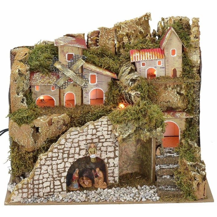 Illuminated nativity scene with village and landscape cm 28x15x23 h complete