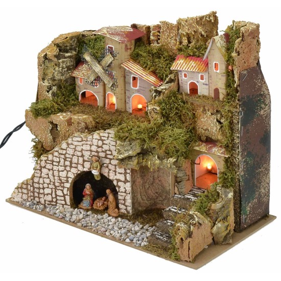 Pesebre iluminado con pueblo y paisaje cm 28x15x23 h completo