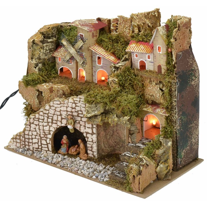 Illuminated nativity scene with village and landscape cm 28x15x23 h complete