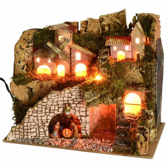 Belén iluminado con pueblo y paisaje de 28x15x23 cm de altura completo.