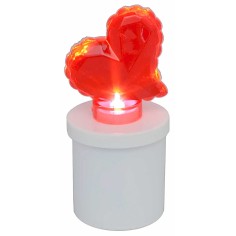 White battery-operated tea light with illuminated red heart, h
