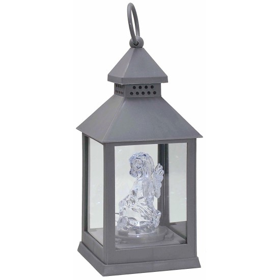 Lanterna grigia con angelo illuminato cm 10x10x23 h