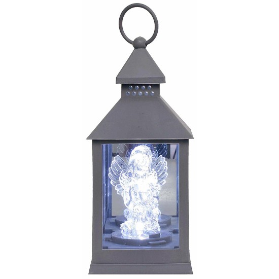 Lanterna grigia con angelo illuminato cm 10x10x23 h