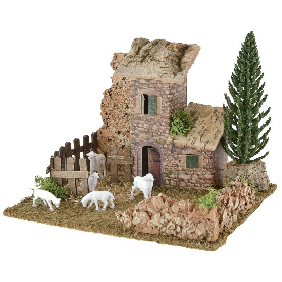 Ambientación para belén con casita y establo de 20x15x14 cm h.
