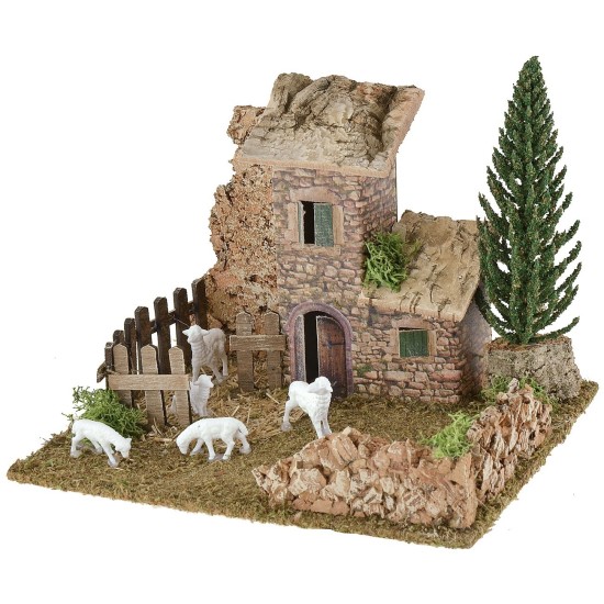 Setting for nativity scene with house and sheepfold 20x15x14 cm