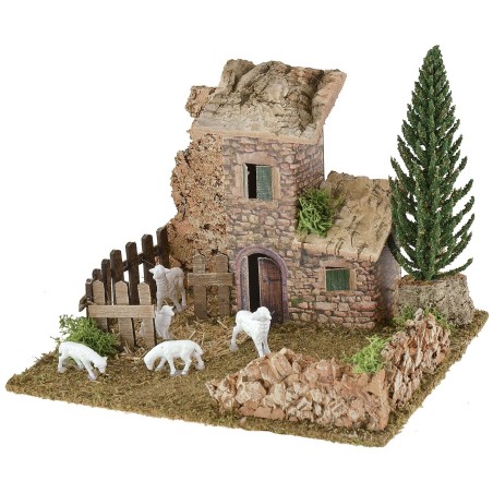 Escenario para belén con casita y redil de ovejas de 20x15x14