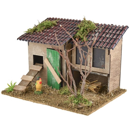 Nativity scene setting with chicken coop and rabbit hutch