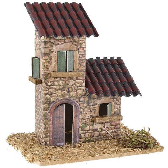 Casita doble con techos inclinados para belén de 12x9x13 cm h