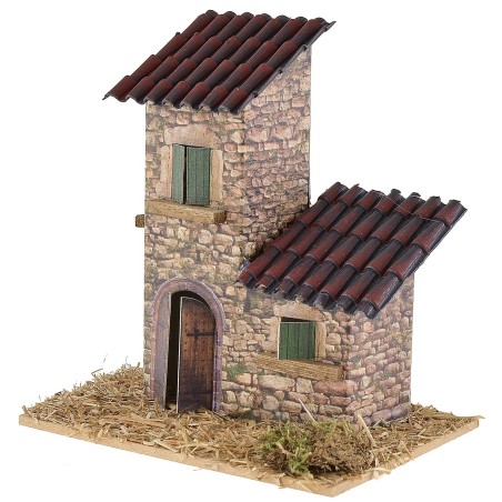 Casita doble con techos inclinados para belén de 12x9x13 cm h