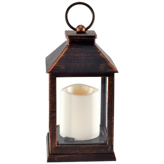Black copper effect lantern with battery operated candle cm