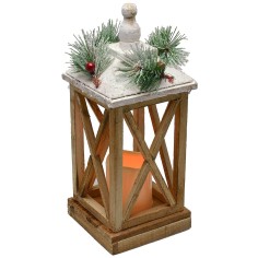 Snow-covered wooden lantern with battery-powered candle 2
