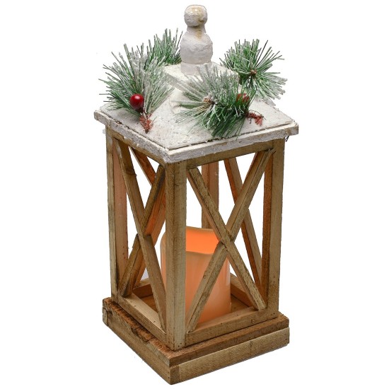 Snow-covered wooden lantern with battery-powered candle 15x15x37.5 cm