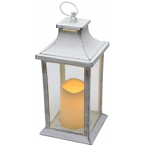 Aged white lantern with battery-powered candle 14x14x35 cm h