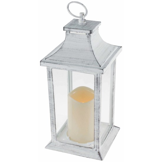 Aged white lantern with battery-powered candle 14x14x35 cm h