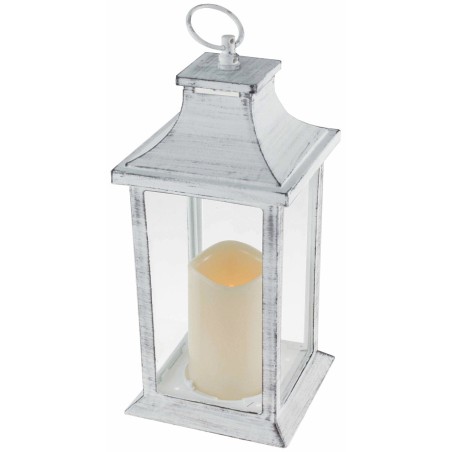 Aged white lantern with battery-powered candle 14x14x35 cm h