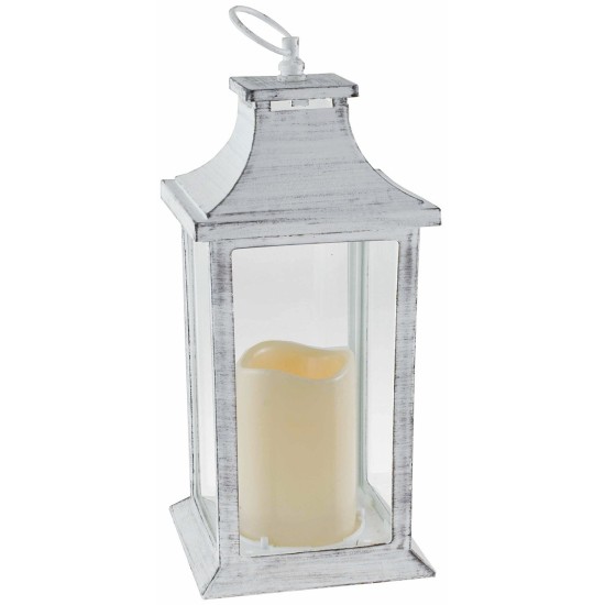 Linterna blanca envejecida con vela a pilas de 14x14x35 cm.