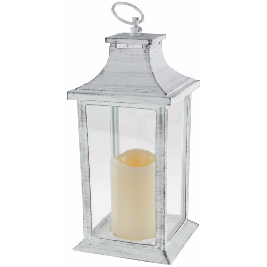 Aged white lantern with battery-powered candle 14x14x35 cm h