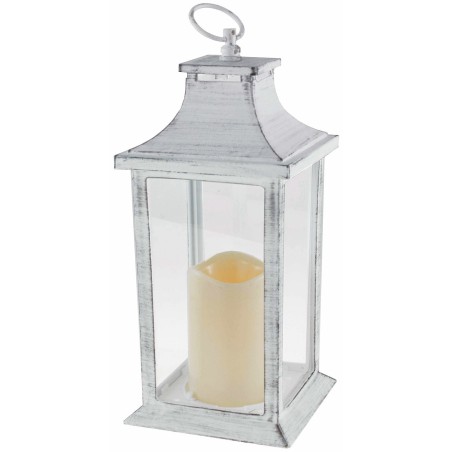 Aged white lantern with battery-powered candle 14x14x35 cm h