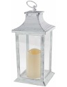 Aged white lantern with battery-powered candle 14x14x35 cm h