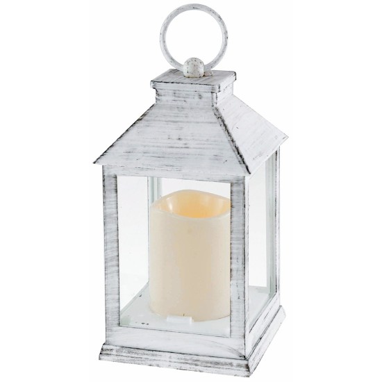 Antiqued white lantern with battery-powered candle