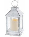 Antiqued white lantern with battery-powered candle