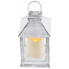 Antiqued white lantern with battery-powered candle 2