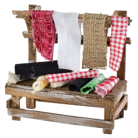 Bancarella in legno con stoffe per presepe cm 12x6x12 h legno
