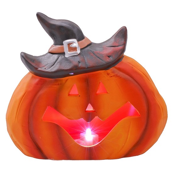 Pumpkin with hat and battery-operated color-changing LED